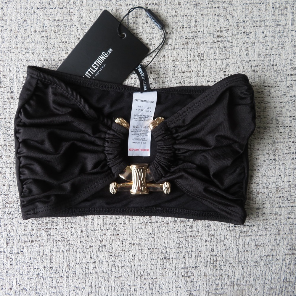 Black Bandeau Bikini Top with Gold Accent